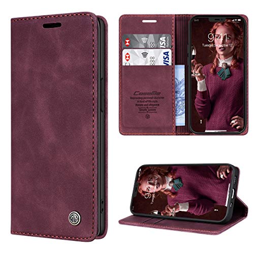 RuiPower Handyhülle für iPhone 12 Mini Hülle Premium Leder Flip Case Magnetisch Klapphülle Wallet Lederhülle mit Kartenfach Silikon Bumper Schutzhülle für iPhone 12 Mini Hülle (5.4'') - Wein Rot von RuiPower
