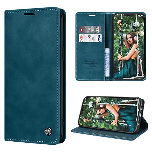 RuiPower Handyhülle für iPhone 12 Pro Max Hülle Premium Leder Flip Case Magnetisch Klapphülle Wallet Lederhülle mit Kartenfach Silikon Bumper Schutzhülle für iPhone 12 Pro Max (6.7'') - Blaugrün von RuiPower