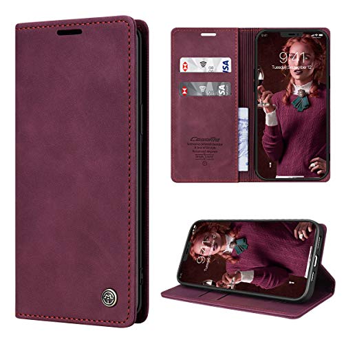 RuiPower Handyhülle für iPhone 12 Pro Max Hülle Premium Leder Flip Case Magnetisch Klapphülle Wallet Lederhülle mit Kartenfach Silikon Bumper Schutzhülle für iPhone 12 Pro Max (6.7'') - Wein Rot von RuiPower