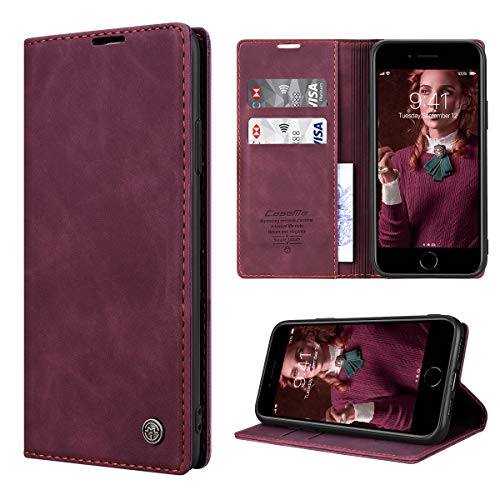 RuiPower Handyhülle für iPhone SE 2020 Hülle, iPhone 7 Hülle, iPhone 8 Hülle Premium Leder PU Flip Case Magnet Klapphülle Silikon Bumper Schutzhülle für iPhone7/ 8/ SE 2020 Tasche - Wein Rot von RuiPower