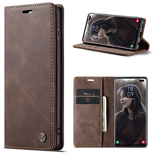 RuiPower Kompatibel für Samsung Galaxy S10 Plus Hülle Premium Leder PU Handyhülle Flip Case Wallet Lederhülle Klapphülle Klappbar Silikon Bumper Schutzhülle für Samsung S10 Plus Tasche - Koffee von RuiPower