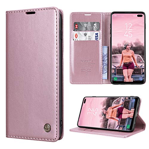 RuiPower Kompatibel für Samsung Galaxy S10 Plus Hülle Premium Leder PU Handyhülle Flip Case Wallet Lederhülle Klapphülle Klappbar Silikon Bumper Schutzhülle für Samsung S10 Plus Tasche - Rose Gold von RuiPower