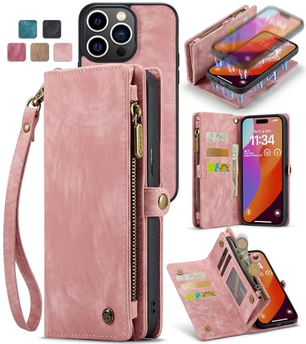 RuiRdot Entworfen für iPhone 15 Pro Case，PU Leder Abnehmbare magnetische Reißverschluss Flip Cover mit Handgelenkband und Kreditkarteninhaber für iPhone 15 Pro 6.1 Zoll (Pink) von RuiRdot