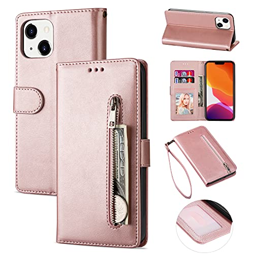 RuiRdot Fall für iPhone 15 Plus, PU-Leder Reißverschluss Flip Cover mit Handschlaufe und Kreditkarteninhaber Fall für Frauen und Männer für iPhone 15 Plus 6,7 Zoll (Rose Gold) von RuiRdot