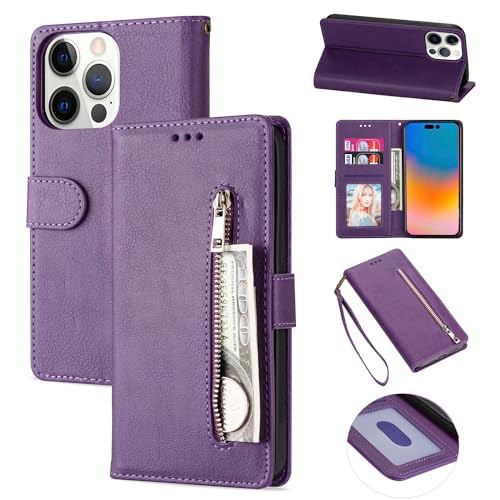 RuiRdot Schutzhülle für iPhone 15 Pro 6.1 Zoll, PU Leder Zipper Flip Cover mit Handschlaufe und Kreditkartenhalter für Frauen und Männer iPhone 15 Pro 6.1 Zoll (Purple) von RuiRdot