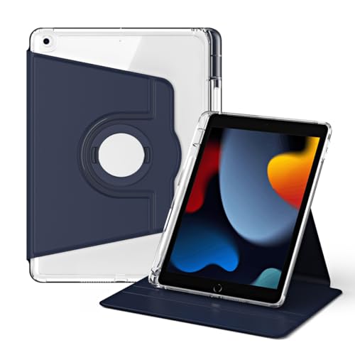 RuiRdot Tasche Kompatibel mit iPad 7/ iPad 8/iPad 9 10.2", 360 Grad drehbarer Folio-Ständer, klare Schutzhülle (Dark Blue) von RuiRdot