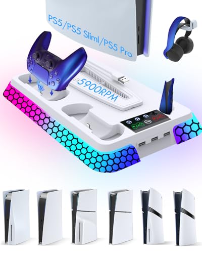 PS5/PS5 Slim/PS5 Pro Ständer mit RGB-Licht, leisen 3-Stufen-Lüftern, Dual-Controller-Ladestation & USB-Hub – Vertikaler Ständer für PS5/PS5 Slim/PS5 Pro, Zubehör für Disc & Digital Edition,weiß PS5/PS5 Slim/PS5 Pro Ständer mit RGB-Licht, leisen 3-Stufen-Lüftern, Dual-Controller-Ladestation & USB-Hub – Vertikaler Ständer für PS5/PS5 Slim/PS5 Pro, Zubehör für Disc & Digital Edition,weiß von Ruibopad
