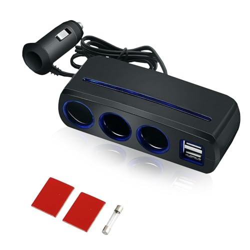 Zigarettenanzünder Verteiler 12/24V, Adapter Zigarettenanzünder Steckdose with 3 Steckdose und 2-Port USB, 120W Autoladegerät Zigarettenanzünder Verlängerung 65cm für Handys GPS Autokamera usw von Ruikdly