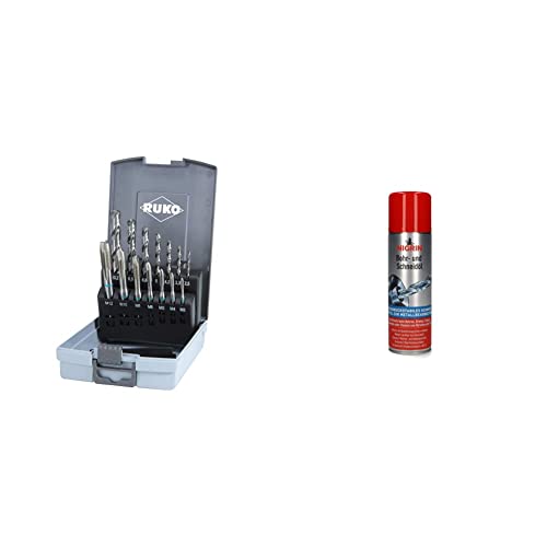 Ruko 245048RO Maschinengewindebohrer Satz HSS DIN 371/376, 14-teilig & NIGRIN Bohr- und Schneideöl, 250 ml, hochdruckstabiles, silikonfreies Schmiermittel, mindert sichtbar den Verschleiß von Ruko