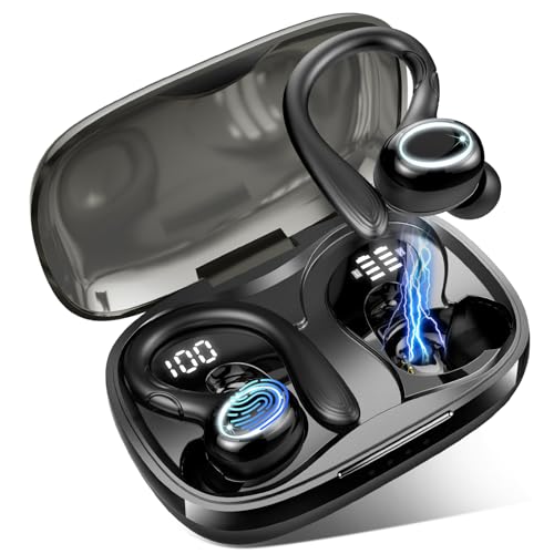 Kabellose Ohrhörer, 48 Stunden Bluetooth, 5.3 Sport-Earbuds mit ENC-Mikrofon, Stereo-Geräuschunterdrückung, mit Ohrbügel, LED-Display, wasserdicht nach Schutzart IP7, zum Laufen, Sport von Rulefiss