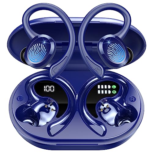 Rulefiss Kopfhörer Sport, Kabellos Bluetooth 5.3 HiFi Stereo, 13 mm Treiber Wireless Earbuds mit HD Mic, 48Std In Ear Ohrhörer mit Bügel, IP7 Wasserdicht, USB-C LED Ladebox (Blau) von Rulefiss