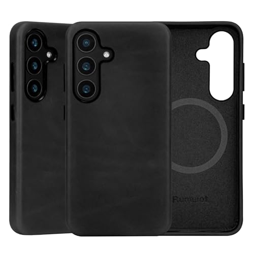 Rumwot Kompatibel mit Samsung Galaxy S25 Lederhülle, Vintage-Ölwachs-Leder, kompatibel mit MagSafe und kabellosem Laden, Metalltasten, Kameralünette, ultradünne Passform (schwarz) von Rumwot