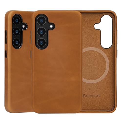 Rumwot Kompatibel mit Samsung Galaxy S25 Plus, Vintage-Ölwachs-Leder, kompatibel mit MagSafe und kabellosem Laden, Metalltasten, Kameralünette, ultradünne Passform (braun) von Rumwot