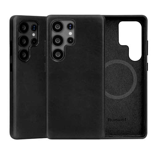 Rumwot Echtlederhülle kompatibel mit Samsung Galaxy S25 Ultra mit MagSafe und kabellosem Laden, Vintage-Ölwachs-Leder, Metalltasten, Kameralünette, ultradünne Passform (Schwarz) von Rumwot