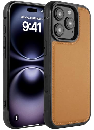 Rumwot iPhone 16 Pro Hülle Leder, Echtleder Handyhülle für iPhone 16 Pro (2024) [6,3 Zoll], Slim Fit Schutzhülle Kompatibel mit kabellosem Laden - Braun von Rumwot