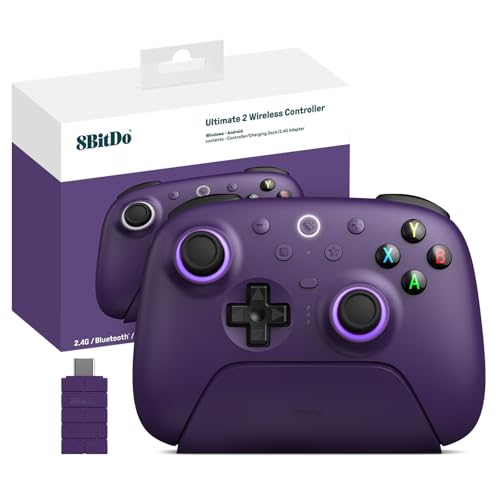 8Bitdo Ultimate 2 Kabelloser 2.4G Controller für PC&Android, TMR Joystick Update, Lange und Kurze Triggersperren, RGB-Feuerring, Kabellose 8Speed Technologie Gaming-Controller mit Ladestation, Lila von RunSnail