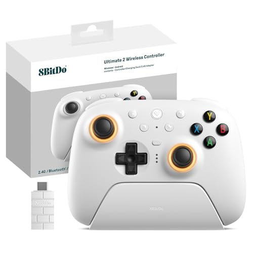 8Bitdo Ultimate 2 Kabelloser 2.4G Controller für PC&Android, TMR Joystick Update, Lange und Kurze Triggersperren, RGB-Feuerring, Kabellose 8Speed Technologie Gaming-Controller mit Ladestation, Weiß von RunSnail