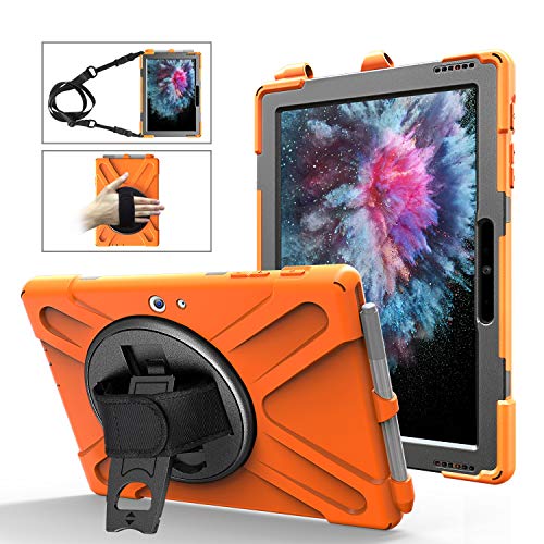 Runbiu Hülle für Microsoft Surface Go, Tablet-Zubehör Robust Heavy Duty Stoßfest Hybrid Full Body Schutzhülle Cover 360°Drehständer und verstellbar Riemen Schultergurt - orange von Runbiu