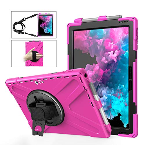 Runbiu Hülle für Microsoft Surface Pro 4 5 6, Tablet-Zubehör Robust Heavy Duty Stoßfest Hybrid Full Body Schutzhülle Cover 360°Drehständer und verstellbar Riemen Schultergurt - Helles Rosa von Runbiu