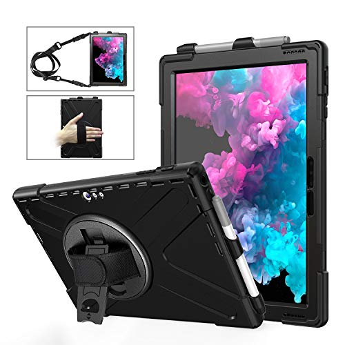 Runbiu Hülle für Microsoft Surface Pro 4 5 6, Tablet-Zubehör Robust Heavy Duty Stoßfest Hybrid Full Body Schutzhülle Cover 360°Drehständer und verstellbar Riemen Schultergurt - schwarz von Runbiu