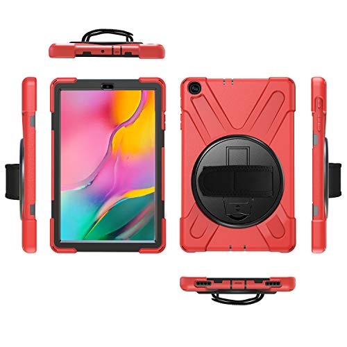 Runbiu Hülle für Samsung Galaxy Tab A 10.1 T510 T515, Tablet-Zubehör Robust Heavy Duty Stoßfest Hybrid Full Body Schutzhülle Cover 360°Drehständer und verstellbar Riemen Schultergurt - rot von Runbiu