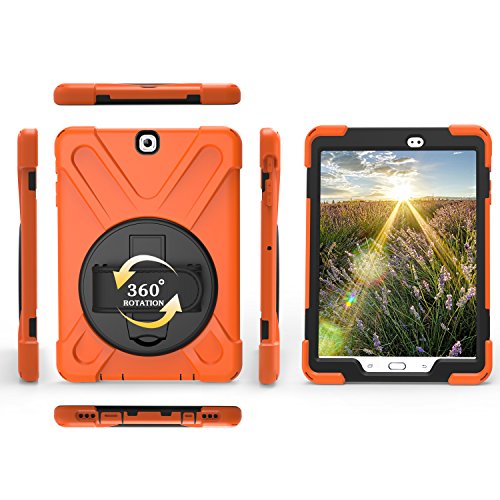 Runbiu Hülle für Samsung Galaxy Tab S2 9.7 SM-T810, Tablet-Zubehör Robust Heavy Duty Stoßfest Hybrid Full Body Schutzhülle Cover 360°Drehständer und verstellbar Riemen Schultergurt - orange von Runbiu