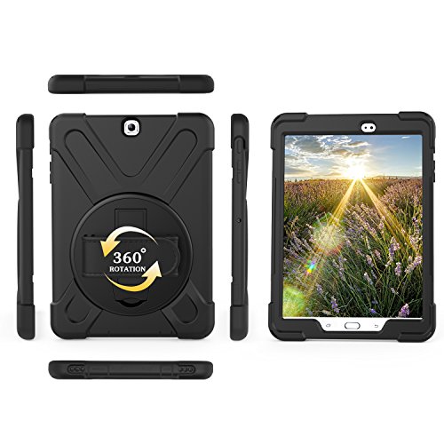 Runbiu Hülle für Samsung Galaxy Tab S2 9.7 SM-T810, Tablet-Zubehör Robust Heavy Duty Stoßfest Hybrid Full Body Schutzhülle Cover 360°Drehständer und verstellbar Riemen Schultergurt - von Runbiu