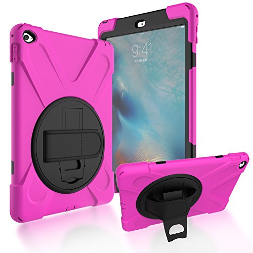 Runbiu Hülle für iPad Air 2 iPad 6, Tablet-Zubehör Robust Heavy Duty Stoßfest Hybrid Full Body Schutzhülle Cover 360°Drehständer und verstellbar Riemen Schultergurt - Helles Rosa von Runbiu