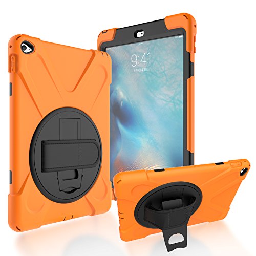Runbiu Hülle für iPad Air 2 iPad 6, Tablet-Zubehör Robust Heavy Duty Stoßfest Hybrid Full Body Schutzhülle Cover 360°Drehständer und verstellbar Riemen Schultergurt - orange von Runbiu