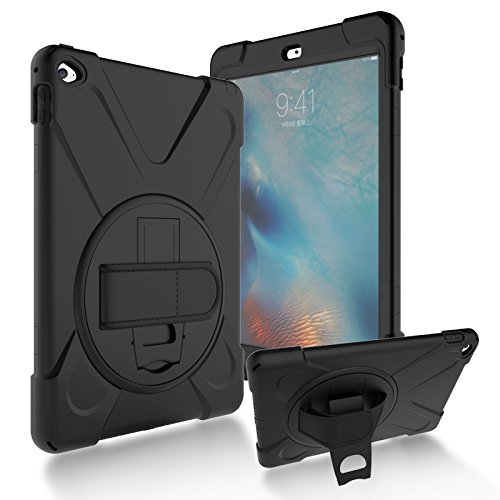 Runbiu Hülle für iPad Air 2 iPad 6, Tablet-Zubehör Robust Heavy Duty Stoßfest Hybrid Full Body Schutzhülle Cover 360°Drehständer und verstellbar Riemen Schultergurt - schwarz von Runbiu