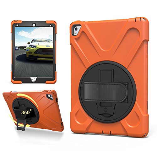 Runbiu Hülle für iPad Pro 9.7 inch 2016, Tablet-Zubehör Robust Heavy Duty Stoßfest Hybrid Full Body Schutzhülle Cover 360°Drehständer und verstellbar Riemen Schultergurt - orange von Runbiu