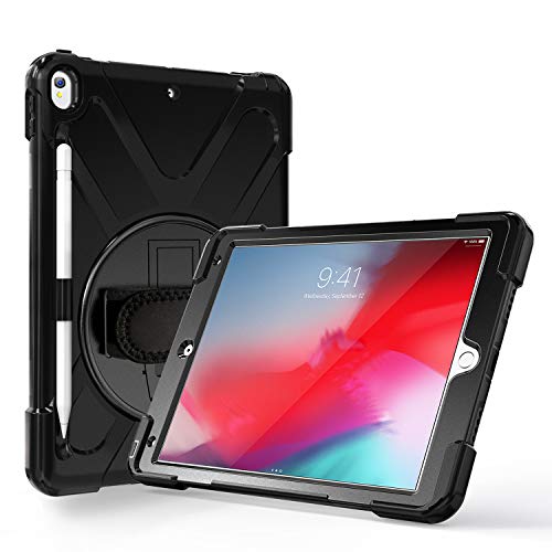 Runbiu PC Tablet Hülle für iPad Pro 10.5 Inch 2017, 360 Grad drehbar mit Ständer Handgurt und Schultergurt Multiple Schicht-Hybrid-SchwerLast-Schock Hülle, schwarz von Runbiu