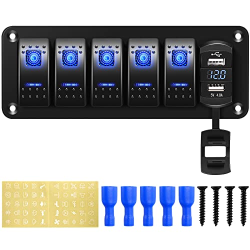 12V/24V Schalter Panel Schaltpanel, Dual-USB-Ladegerät 4.8A LED Voltmeter, Zigarettenanzünder 5 Kippschalter EIN/AUS zum Auto Marine für Pkw Lkw Boot Anhänger Wohnmobil UTV ATV von Rupse