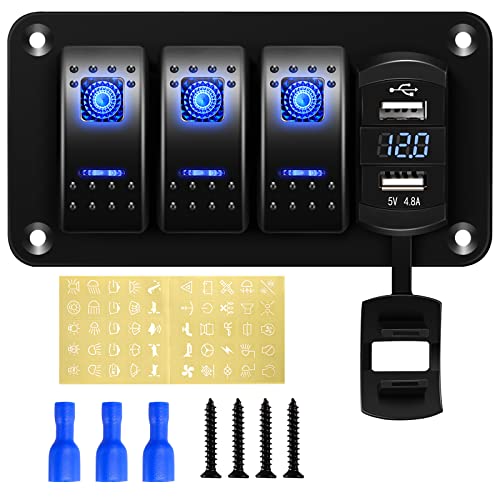 Rupse 12V 24VDC Schalter Panel, 3 Toggle Switch Aluminium Panel mit 4.8A Dual USB Ladebuchse+ Voltmeter Display, IP65 Wasserdichte EIN/AUS Kippschalter für Autos Boote Rvs LKWs Schaltkreis Steuerung von Rupse