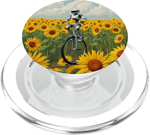 Skurriler Roboter auf Monocycle im V-Gogh-Stil Sonnenblumenfeld PopSockets PopGrip für MagSafe von Russ Designs