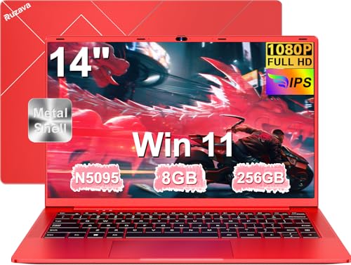 Ruzava 14 Zoll Laptop, 8 GB LPDDR4 256 GB SSD 1 TB Erweiterung, Celeron N5095 (bis zu 2,9 GHz) Win 11 Home 5G WiFi 1920 x 1080 Metal Shell Laptops Computer mit Webcam Cover Wireless Maus, Keyboard von Ruzava
