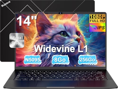 Ruzava Laptop 14 Zoll Celeron N5095 (bis zu 2,9 GHz) Win11 8 GB 256 GB SSD Erweiterung 1 TB 4 Kerne Lüfter 5000 mAh Metall Laptop mit FHD Webcam Abdeckung Maus Tastatur Französisch Film Schwarz von Ruzava