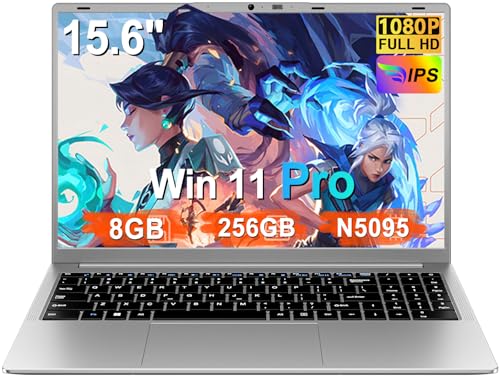 Ruzava Laptop 15,6 Zoll Win11 Pro N5095 (bis zu 2.9GHz) FHD IPS Display Notebook, 8GB RAM 256GB SSD Unterstützung 1TB, 5G WiFi, USB 3.0 × 3 HDMl, Englische QWERTY-Tastatur und kabellose Maus,Silber von Ruzava