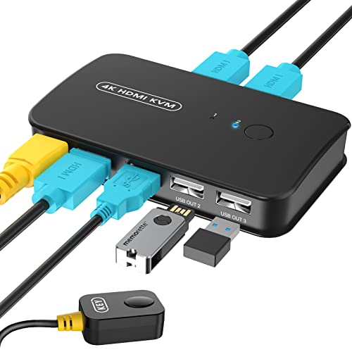 Rybozen 4K KVM Switch HDMI für 2 PC, 4K@30Hz, 3 USB 2.0, USB KVM Umschalter Aktie Monitor Maus Tastatur Drucker Scanner USB-Geräte, Mit HDMI KVM Kabel, Blue von Rybozen