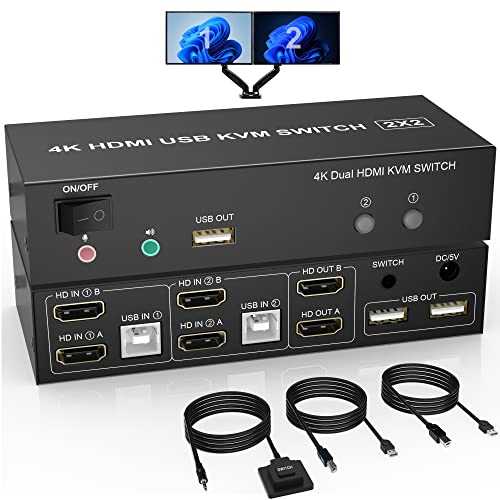 Dual Monitor HDMI KVM Switch 2 Port, 4K@60Hz Extended Display KVM Switch HDMI 2 in 2 Out mit Audiomikrofonausgang und 3 USB Ports, PC Monitor Keyboard Mouse Switcher von Rytaki Pro