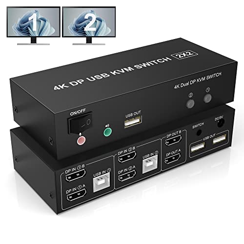 KVM Switch 2 Monitore Displayport 4K@60Hz Extended Display, Displayport Switch 2 PC 2 Monitor mit Audiomikrofonausgang und 3 USB Ports, Keyboard Mouse PC Monitor Switch 2 PC 2 Monitore von Rytaki Pro