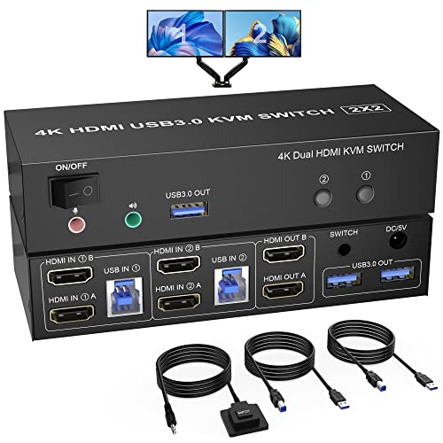 KVM Switch 2 PC 2 Monitore USB 3.0, 4K@60Hz HDMI KVM Switch 2 PC 2 Monitore mit Audiomikrofonausgang und 3 USB 3.0 Ports, PC Monitor Keyboard Mouse Switcher von Rytaki Pro
