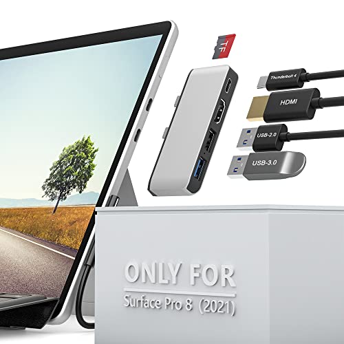 Surface Pro 8 USB C Hub Adapter mit 4K HDMI, USB C Thunderbolt 4 (Display+PD Aufladung+Daten), USB 3.0, USB 2.0, TF Kartensteckplatz, Dual Monitor Dockingstation (HDMI+USB C) für Surface Pro 8 von Rytaki Pro