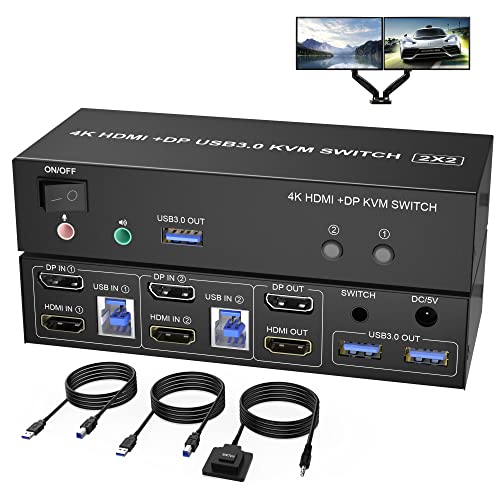 USB 3.0 KVM Switch 2 Monitore DisplayPort HDMI 4K@60Hz Extended Display, Dual Monitor KVM Switch mit Audiomikrofonausgang und 3 USB 3.0 Ports, Keyboard Mouse PC Monitor Switch 2 PC 2 Monitore von Rytaki Pro