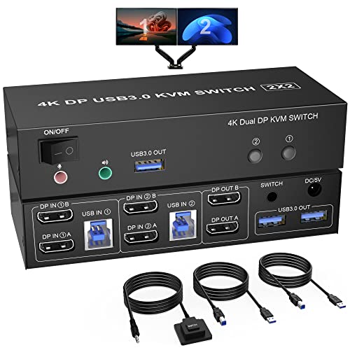 USB 3.0 KVM Switch 2 Monitore Displayport 4K@60Hz Extended Display, Displayport Switch 2 PC 2 Monitor mit Audiomikrofonausgang und 3 USB 3.0 Ports, Keyboard Mouse PC Monitor Switch 2 PC 2 Monitore von Rytaki Pro