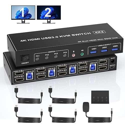 4K@60Hz Dual Monitor HDMI KVM Switch 4 PC, Unterstützt EDID, USB 3.0 KVM Switches HDMI für 4 Computers 2 Monitore mit Audio Mikrofon und 3 USB 3.0 Ports, Inklusive DC Adapter und 4 USB3.0-Kabel von Rytaki
