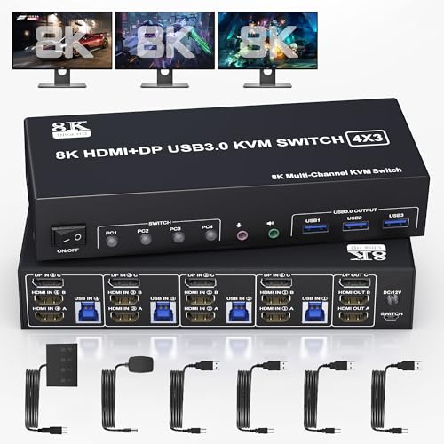 8K@60Hz Displayport +2 HDMI USB 3.0 KVM Switch 3 Monitore 4 Computer, DP 1.4 +HDMI 2.1 4 Port KVM Switch Triple Monitor mit Audio-Mikrofon-Ausgang und 3 USB3.0 Anschlüssen, Triple Monitor Switch von Rytaki