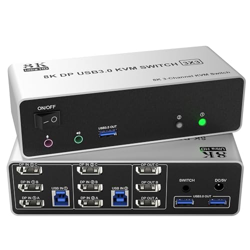 8K@60Hz Displayport USB 3.0 KVM Switch 3 Monitore 2 Computer, DP 1.4 KVM Switch Triple Monitor mit Audio-Mikrofon-Ausgang und 3 USB3.0 Anschlüssen, Triple Monitor Switch von Rytaki