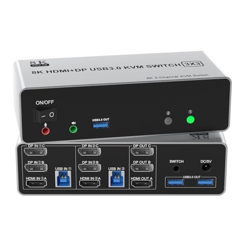 8K@60Hz HDMI +2 Displayport USB 3.0 KVM Switch 3 Monitore 2 Computer, DP 1.4 +HDMI 2.1 KVM Switch Triple Monitor mit Audio-Mikrofon-Ausgang und 3 USB3.0 Anschlüssen, Triple Monitor Switch von Rytaki