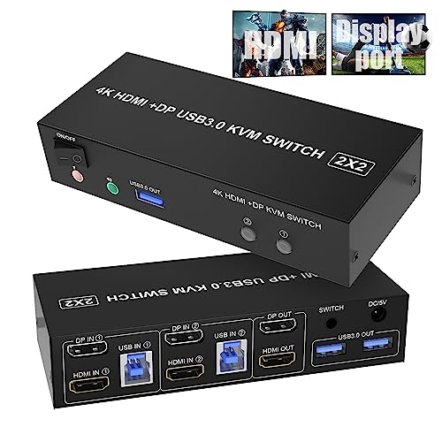 DP + HDMI KVM Switch 2 PC 2 Monitore, 4K@60Hz HDMI DisplayPort Extended Display Switcher für 2 Computer teilen sich 2 Monitore und 3 USB 3.0 Ports, Kabelfernbedienung und USB Kabel im Enthalten von Rytaki
